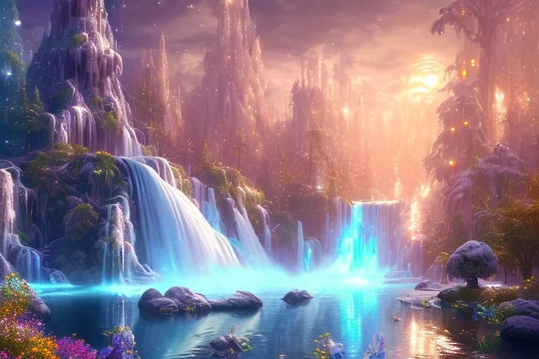  white and gold crystal cosmic ambiance，waterfall, full of details, smooth, bright sunshine，soft light atmosphere, light effect，vaporwave colorful, concept art, smooth, extremely sharp detail, finely tuned detail, ultra high definition, 8 k, unreal engine 5, ultra sharp focus