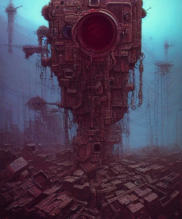 Camera., concept art, hyper detailed, beksinski, dan mumford, post-apocalyptic, oil on canvas