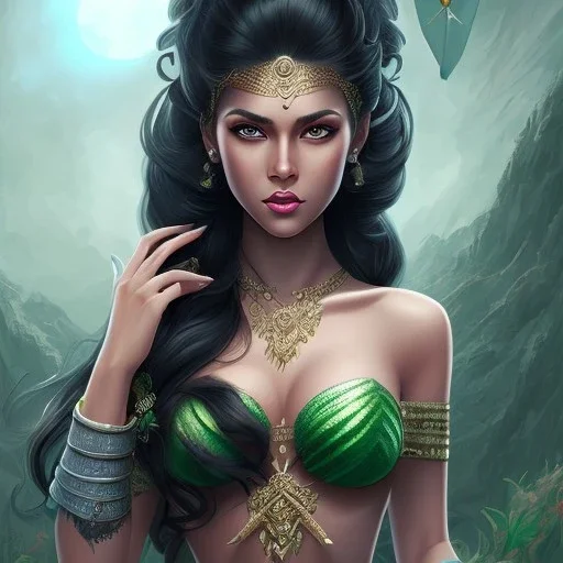 Portrait, Woman, heroic fantasy, dark-skinned, indian, wavy black hair, one green hair strand, 20 years old