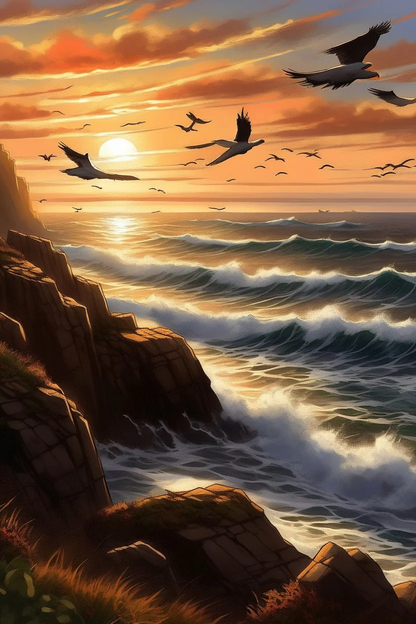 Generate an image of a sunset scene with a group of seabirds resting on rocky cliffs overlooking the ocean. Capture the birds in various states, some in flight, some perched, and others gliding above the waves. Highlight the rugged coastal landscape and the interplay of light and shadow.