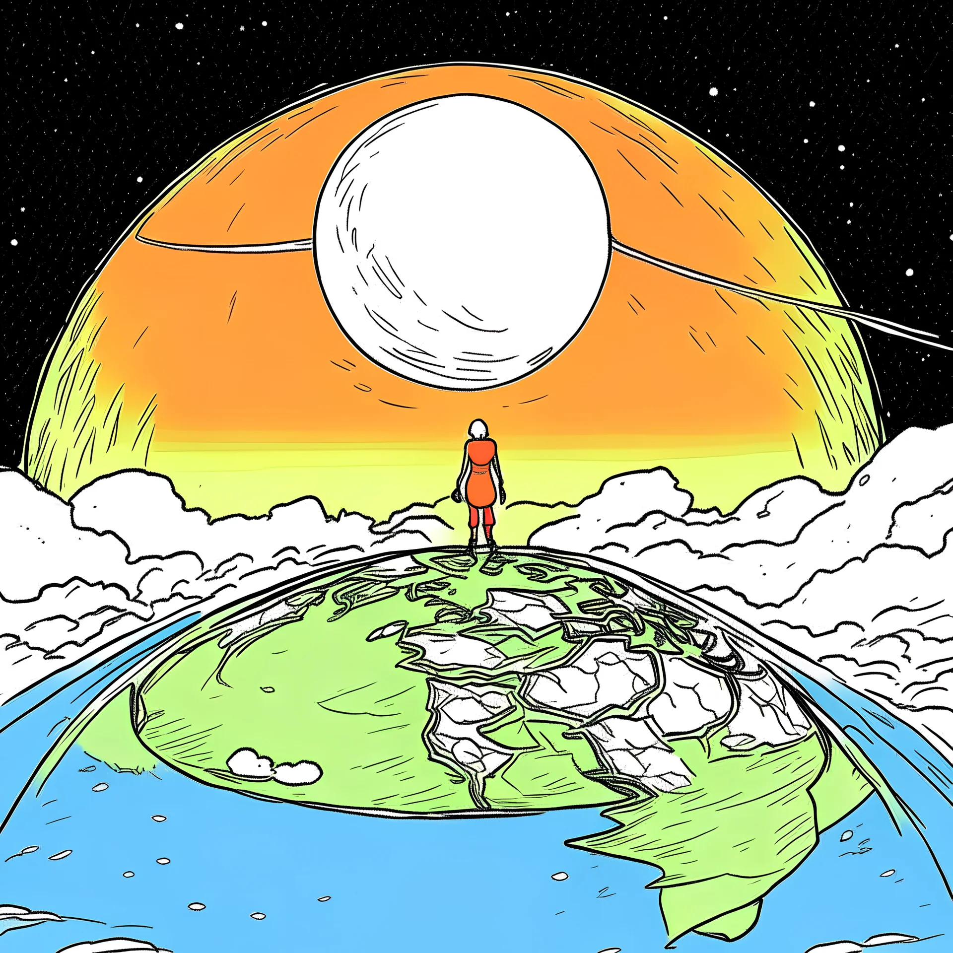 Draw me a drawing with a flat earth and a sun rising with a view of space
