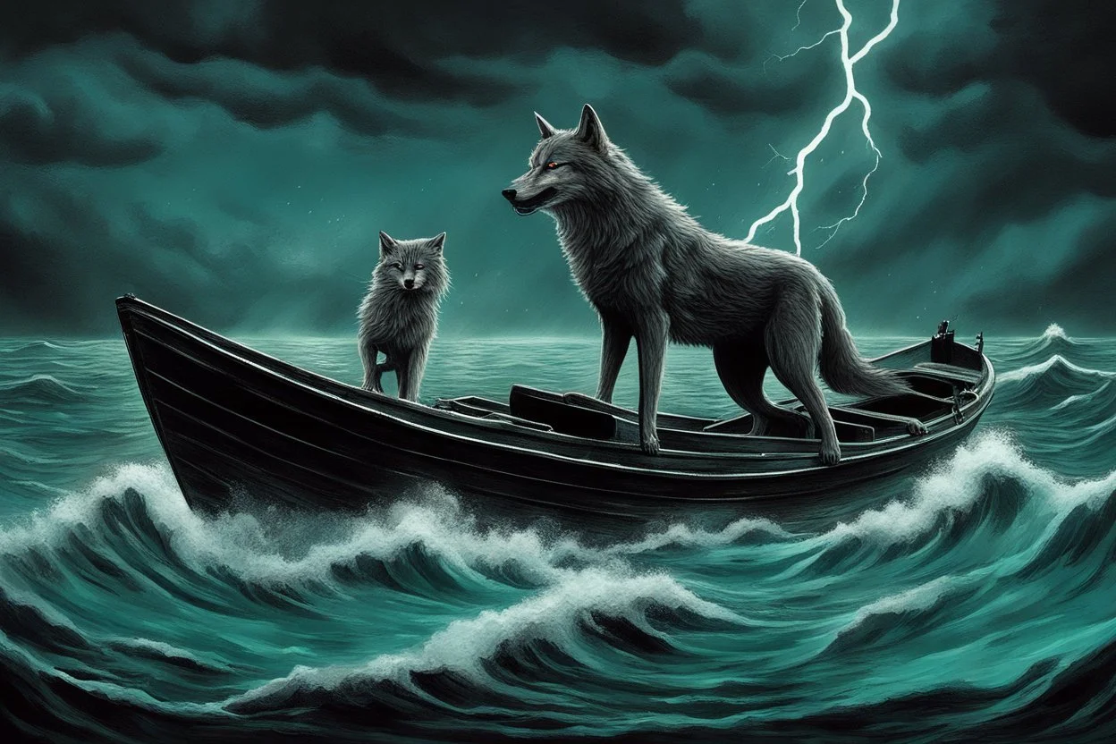 A giant lumbering grey wolf attacks a tiny boat in a stormy sea, a dark, ominous image, black, turquoise (a little closer to green) and white colours, rain, wind, lightning, dynamic, surreal. And a cat. Definitely a cat.