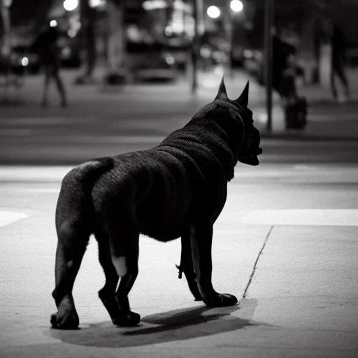 At midnight, a big and brutal dog is barking at strangers in a city.