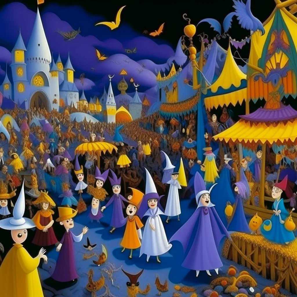 A violet Halloween themed carnival with bats and ghosts painted by Pieter Bruegel the Elder