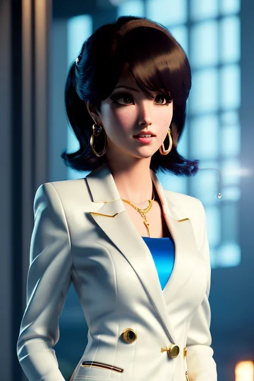 Anime business woman, dark brown hair, elegant hair, blue eyes, gold hoop earrings, waist up portrait, 8k resolution, intricate details, ornate details, soft lighting, vibrant colors, retroanime, masterpiece, realistic, intricate eyeliner, dark eyeshadow, eyes,futuristic cityscape background