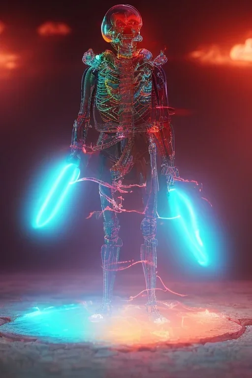 Futuristic Neon crystal skeleton samurai smoke glass fire water