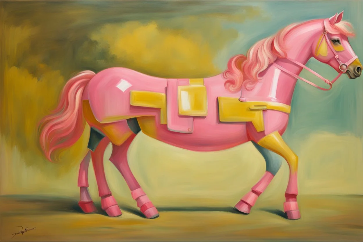 Big pink plastic toy horse.19th painting