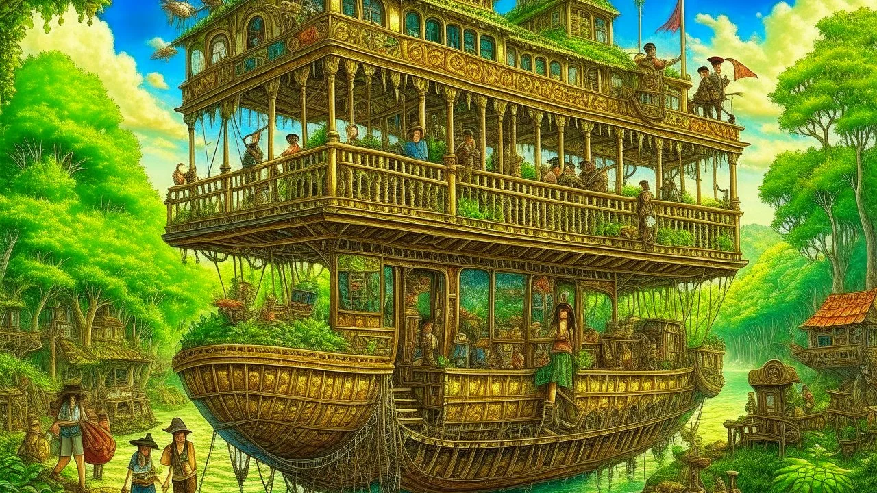 steampunk gipsy caravan crossed with a boat flying high over a jungle with platforms, verandas, and people, intricate