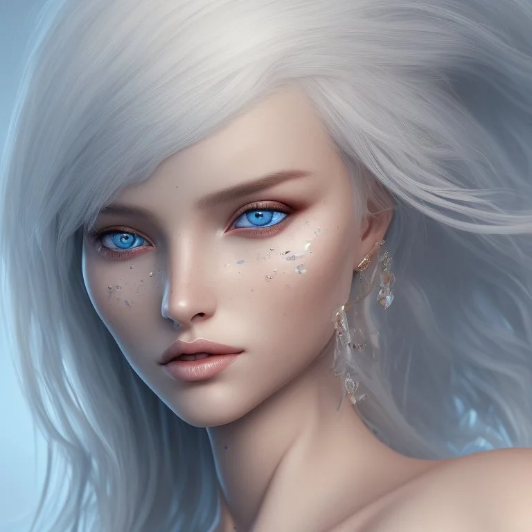 Highly detailed portrait of stunningly beautiful woman, with white hair and blue eyes 8k, 23 years, three point lighting.