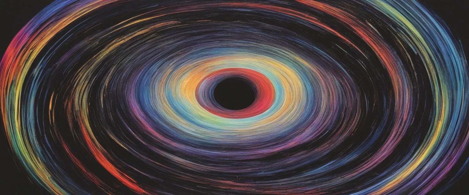 colorful, rainbow, A visually striking and abstract representation of the void and a black hole, utilizing dark hues and dynamic shapes to evoke the enigmatic and powerful aspects of cosmic emptiness, (visually striking abstract representation:1.4), (the void and black hole:1.5), (dark hues and dynamic shapes:1.3), (expressive and cosmic ambiance:1.2), drawing inspiration from abstract interpretations of the cosmic void and black hole phenomena