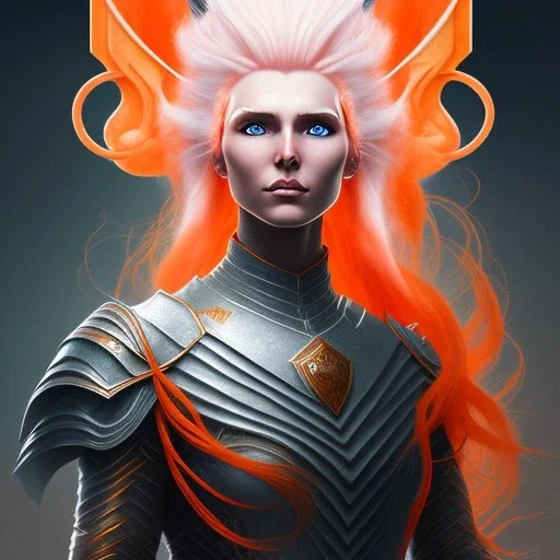 fantasy setting, woman, two-toned streaked orange and white hair, ranger