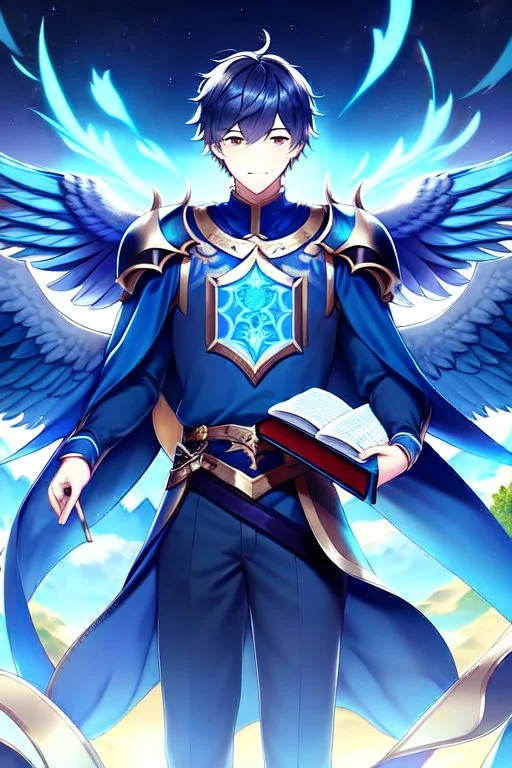 a person in runic armor with blue wings, blue short hair, runic tattoo and spell book, male