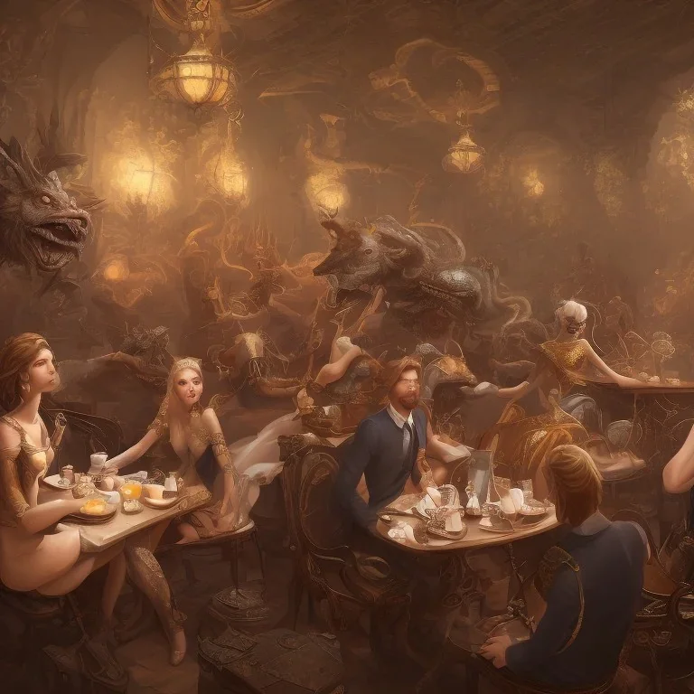 Mythical and legendary creatures sitting in a cafe drinking coffee with detailed details, full and clear painting elements, full HD painting resolution, 4K, 8K, 16K,