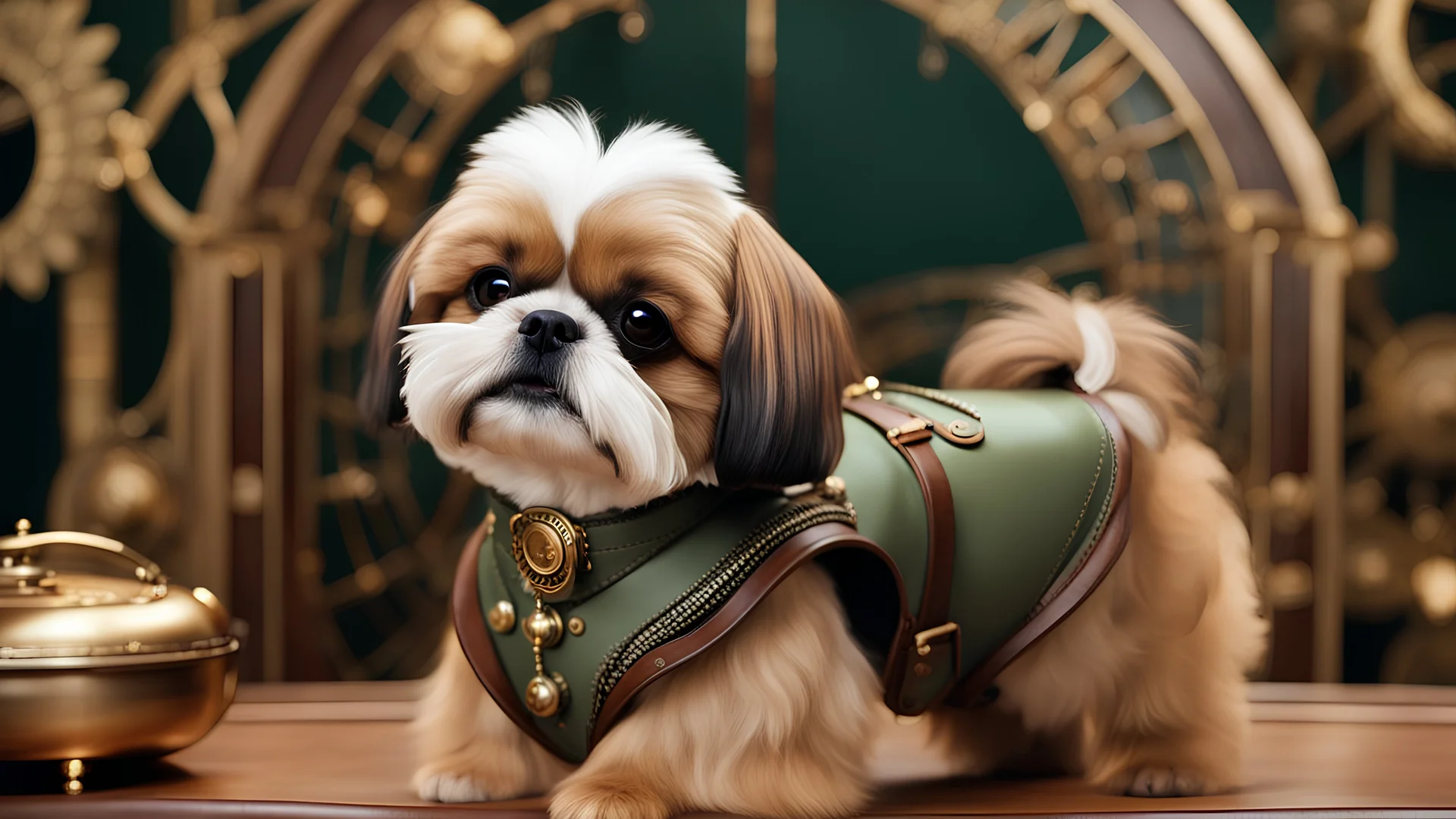 High-end state-of-the-art STEAMPUNK aesthetics flawless smiling cute Honey fluffy Shih Tzu playing, supreme cinematic-quality photography, sage green and honey brown pure leather clothes, Art Nouveau-visuals,Vintage style with Octane Render 3D technology,hyperrealism photography, (UHD) with high-quality cinematic character render,Insanely detailed close-ups capturing beautiful complexity,Hyperdetailed,Intricate,8K,Hyperrealism craftwork