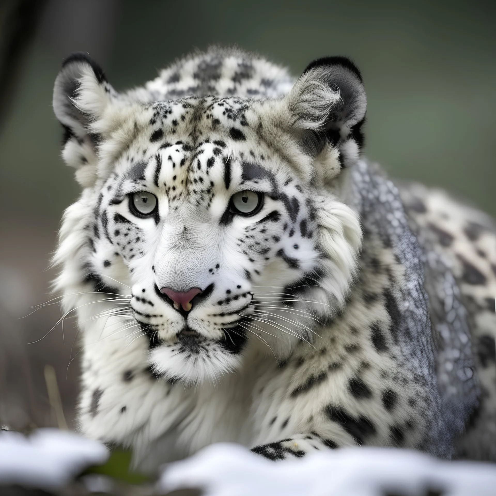 Snow leopord, long and pointy ears, greyish skin, extremely scrawny, gaunt