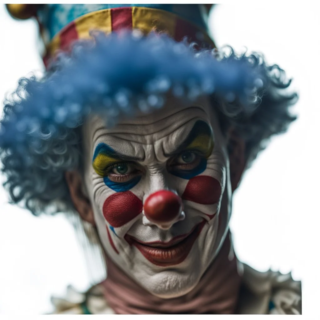 The Clown, Photographed with Canon EOS R5, 50mm lens, depth of field, shutter speed 1/1000, f/2.8, white balance, 6000k. High resolution, realistic details, HDR effects, film grain, 4K