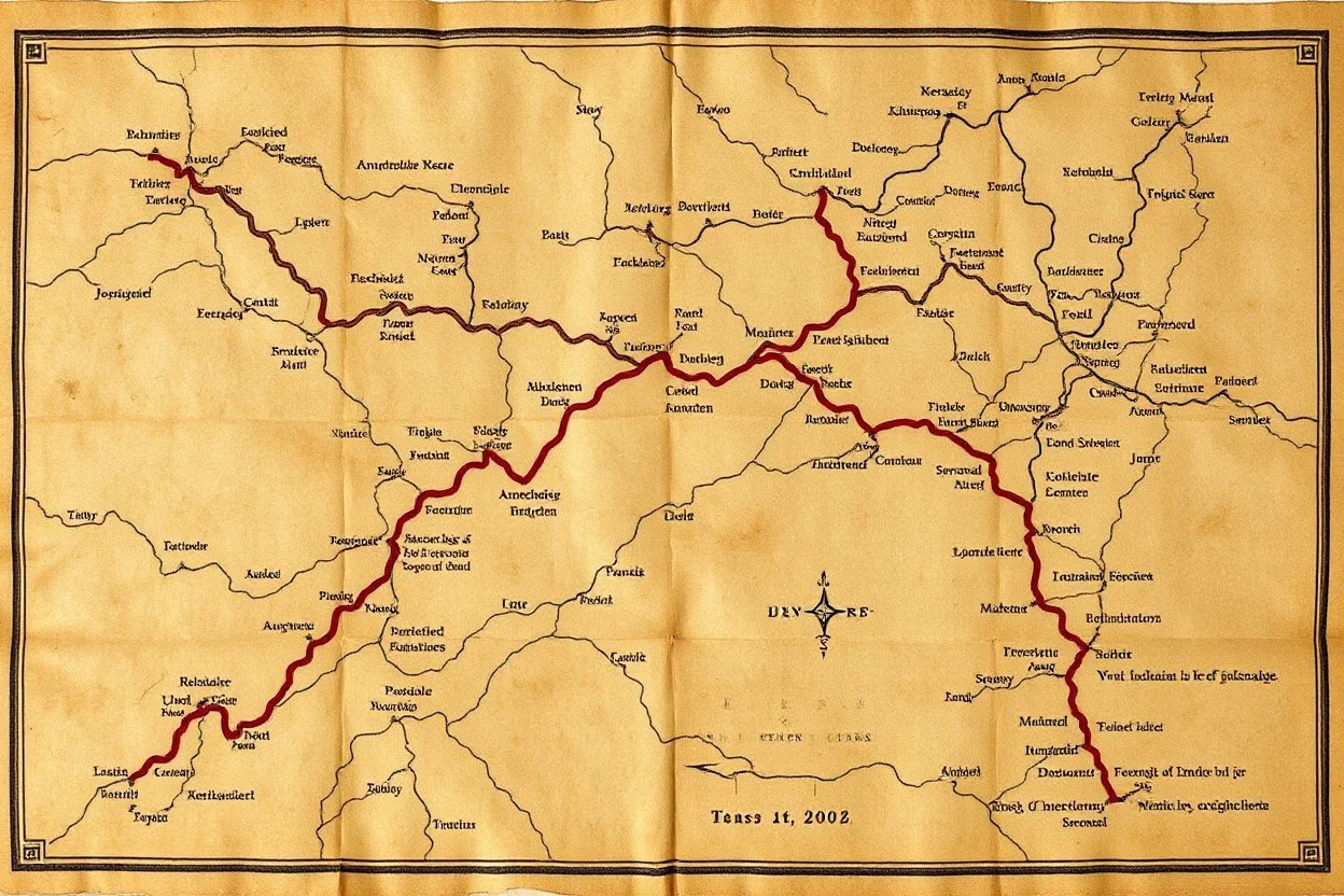 a scan of an ancient Cree Anishinaabe road map, hand drawn been stained and weathered, text is in Cree Syllabic
