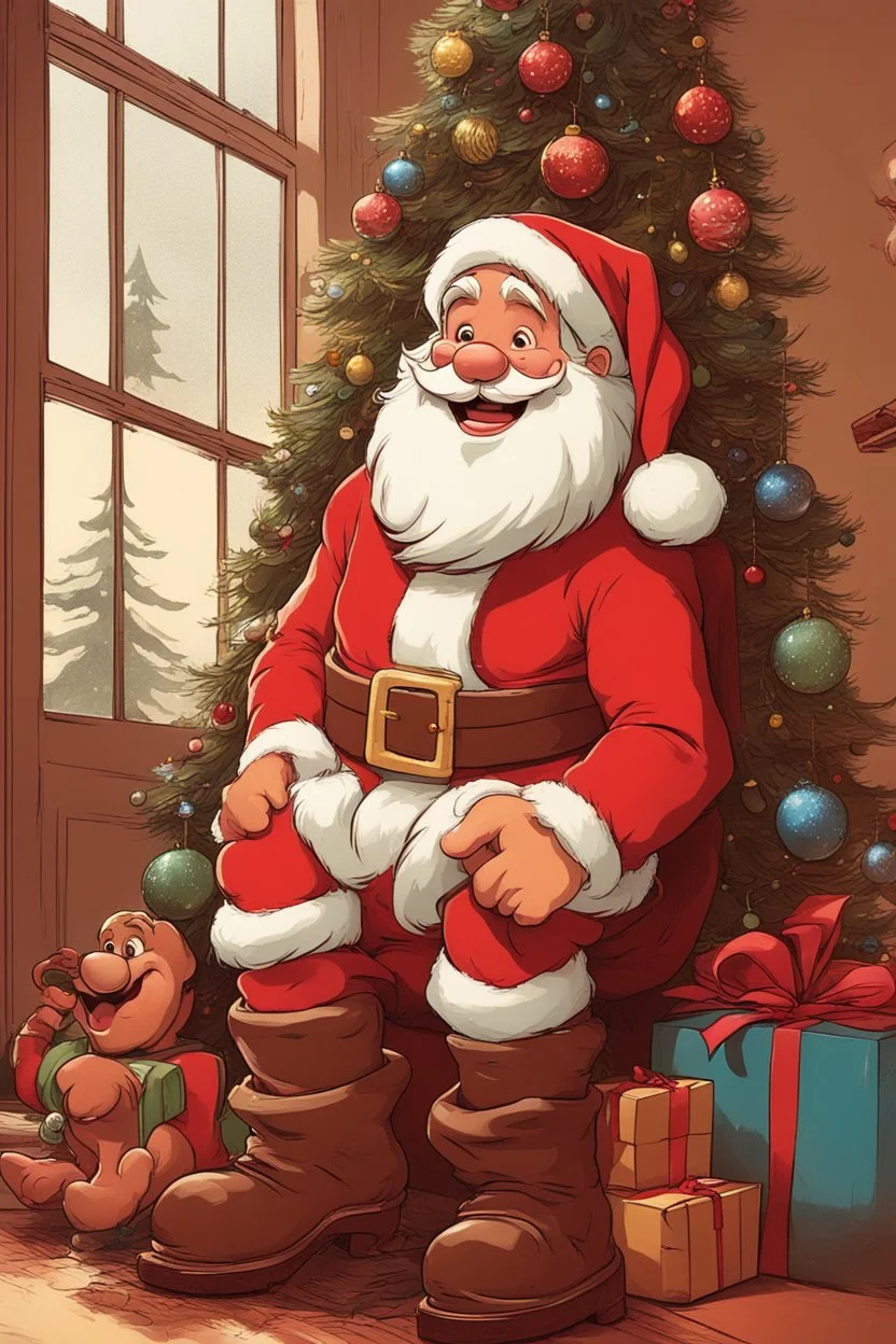 smilling santa claus next to christmas tree, disney and pixar style