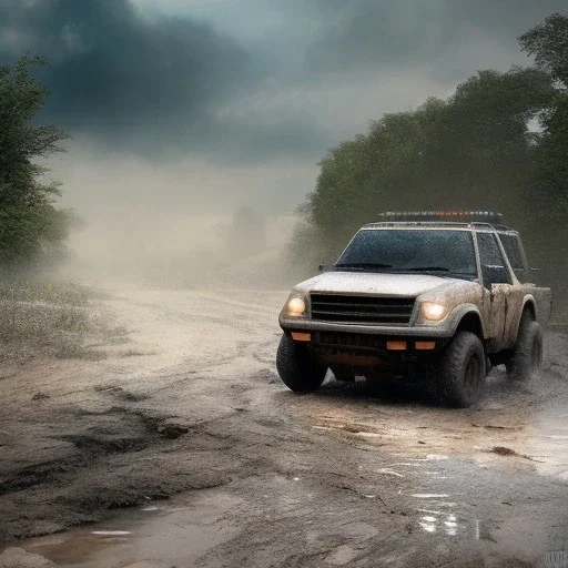 stylized hyperrealistic shot, muddy military nukizer toy truck, monotone color palette, sharp focus, puddle reflection, tire water splash, refraction, mist on the horizon, shadowcast, god rays, detailed and intricate, cinematic composition, micro, tilt shift photography