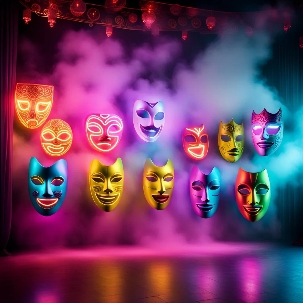 Hyper Realistic Photographic-View of Neon-Lighting-Comedy-Masks-Floating On A Cultural Stage with Cultural-Celebration & Cultural-Ornaments Wall Background With Fog showing Cinematic & Dramatic Ambiance.