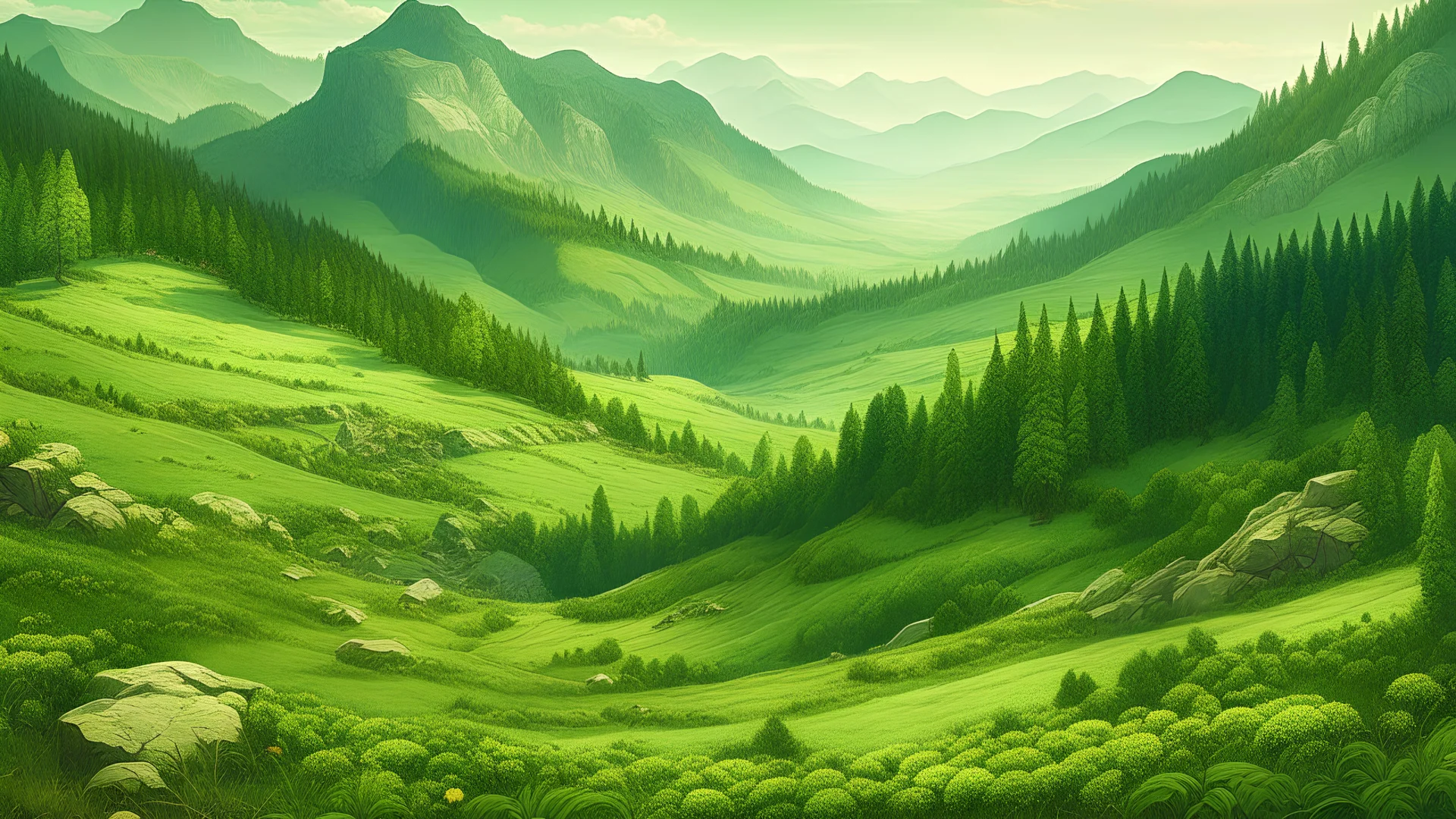 Create a captivating landscape portraying a serene green pasture with a harmonious gathering of animals. Within the intricate details of the scene, skillfully incorporate the word "ROCK' in a way that allows viewers, upon closer examination, to discern the hidden word. Aim for subtlety, ensuring that the sequence becomes a delicate yet discernible part of the landscape. Encourage viewers to squin