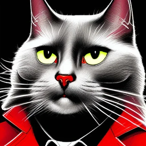 The artwork depicts a mysterious man wearing a red coat and a black cat mask. He is portrayed as a superhero with an anthropomorphic cat head and is wearing a trenchcoat. The character is reminiscent of other feline characters such as Blacksad, Catman, and Cat the Assassin, and exudes a shadowy and eerie aura. The cat in the image is walking, further emphasizing the feline aspect of the character. The artwork is inspired by the works of Maciej Kuciara, Maxim Verehin, and Sergey Zabelin. The aspe