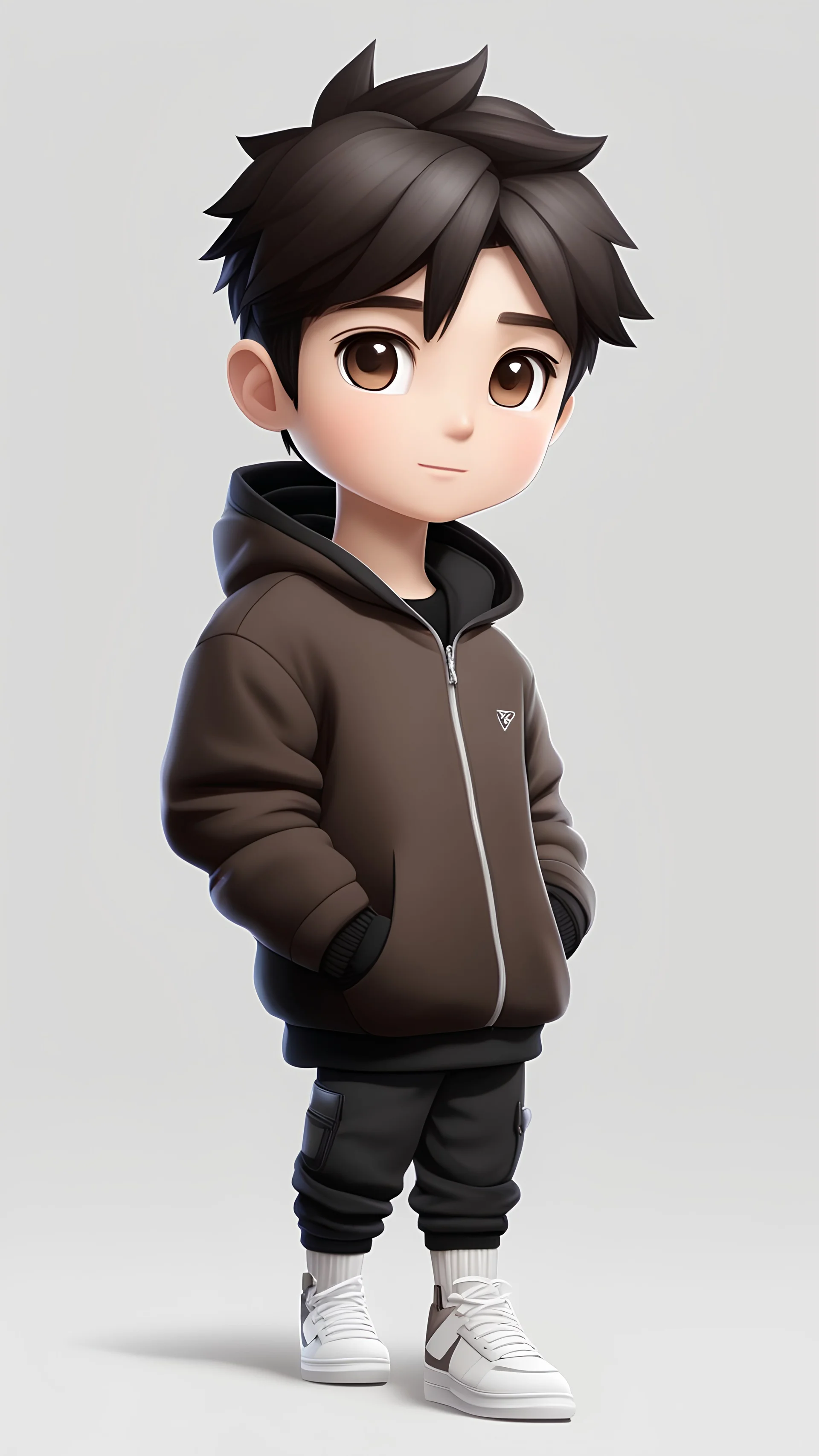 Create a 3d character of a male 27 years old, shaved, square face, brown eye, black hair, short hair and shaded both sides, wearing a black hoodie and a light brown puffy jacket, white shoes, in a white background, cute, chibi