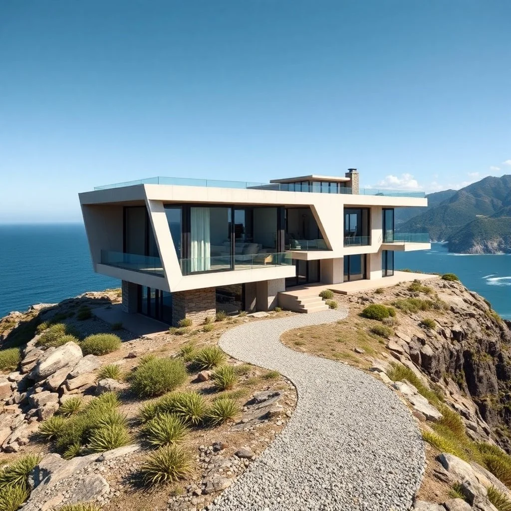 Dream house with modern architecture design, built on a rocky terrain overlooking the ocean and mountains, with multiple levels, with large windows and doors that offer panoramic views. The architecture features acute angles and a rooftop terrace. The rocky terrain has plants and a gravel path leading to the house. The background is a clear sky, blue ocean waves and mountains with greenery