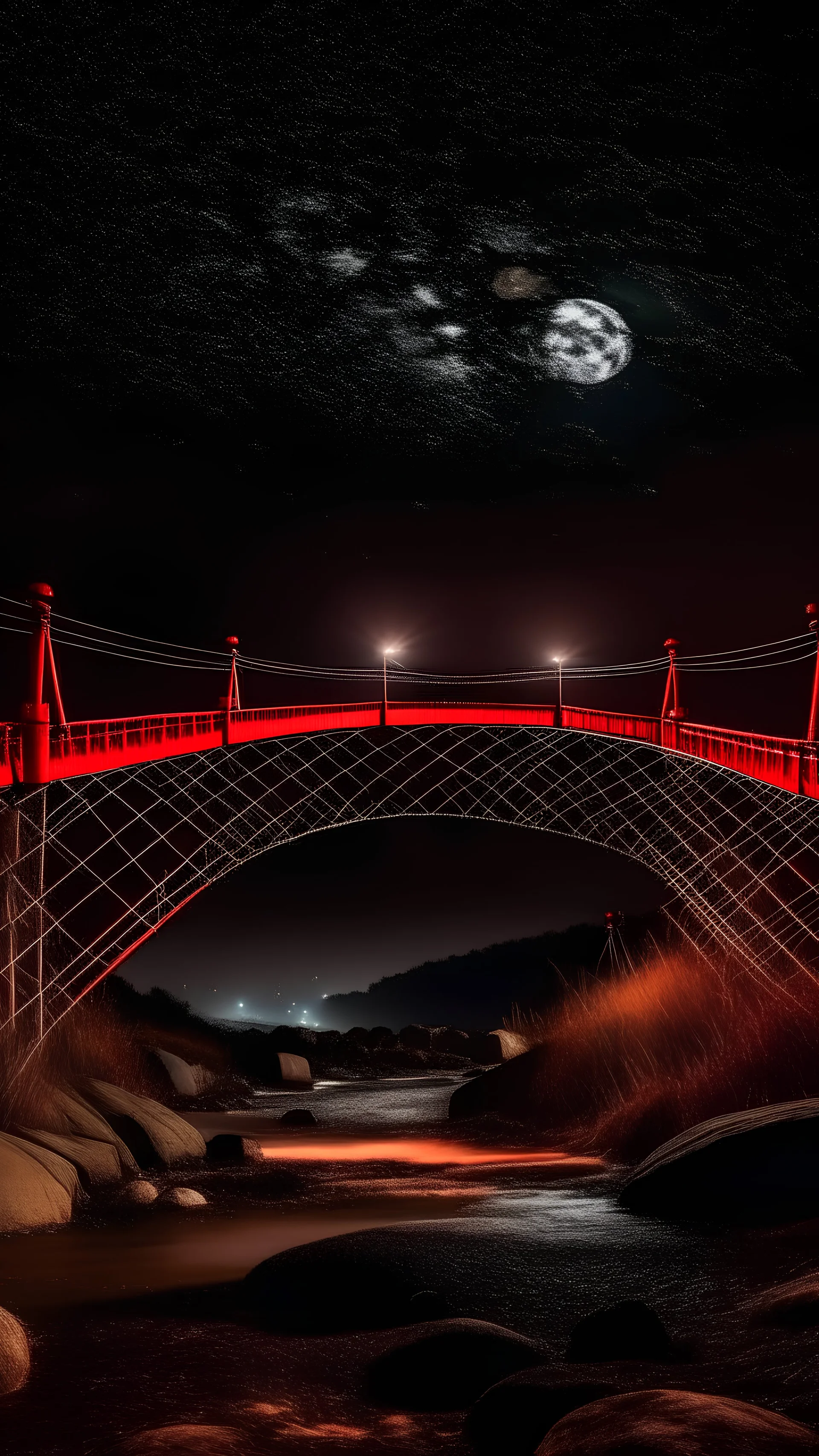 El puente colgante de Santa Fe durante la noche, con luces roja y negra bajo la luna llena y brillantes luciernagas volando sobre los yuyos