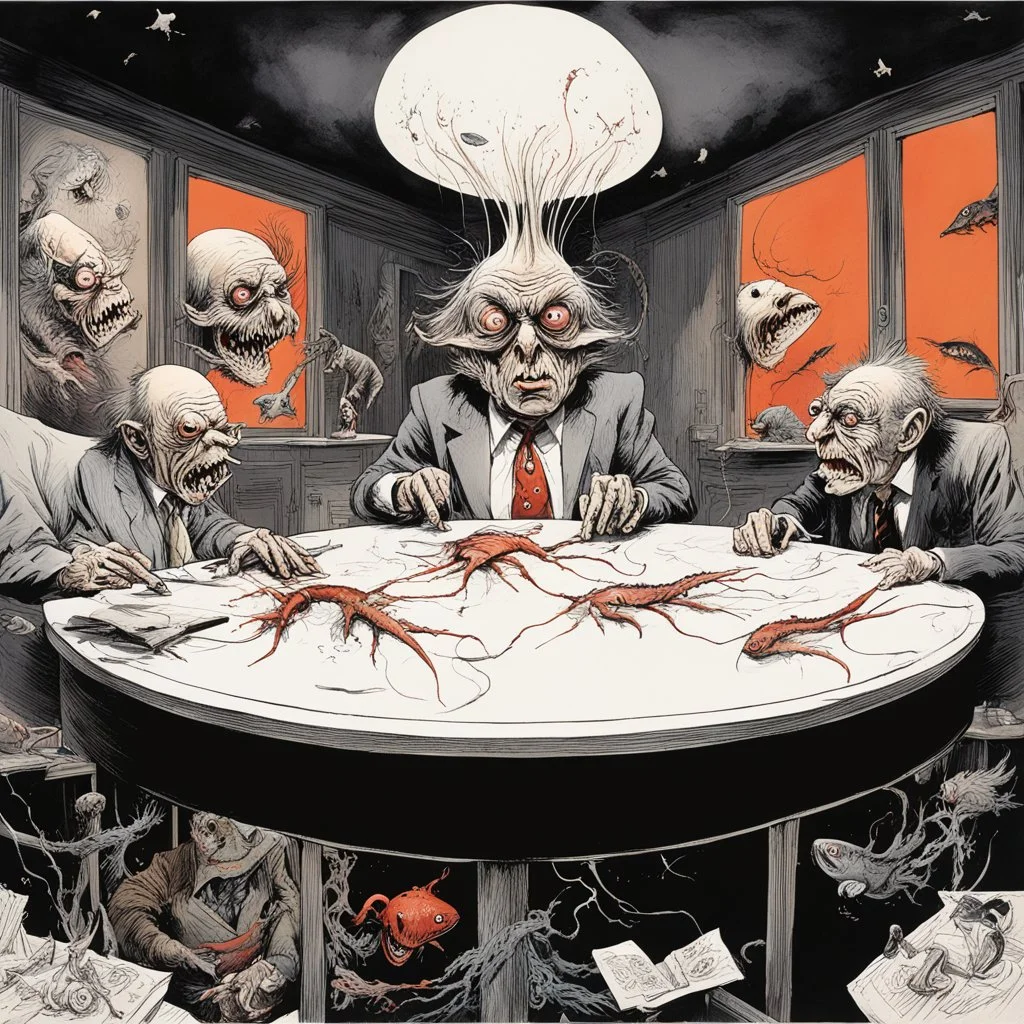 Scary stories of the infinite interview, intimidating magister's looming behind interviewer desk, fish eye lens up shot, Ralph Steadman and Gerald Scarfe deliver a surreal masterpiece, dramatic warm hues, sinister, creepy, sharp focus, claustrophobic