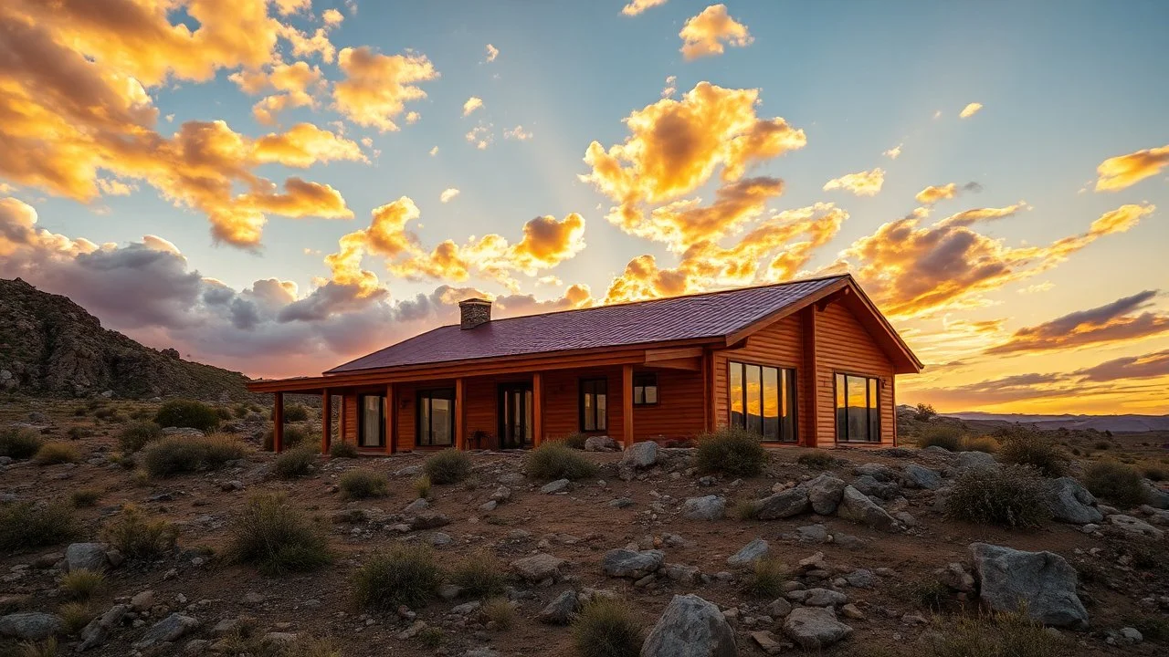 A contemporary wooden building situated on a rocky terrain under a dramatic sky filled with clouds during sunset. The structure features warm-toned materials, reflecting the golden hues of the setting sun. The surrounding landscape includes sparse vegetation and rugged rocks, evoking a serene and rustic atmosphere.