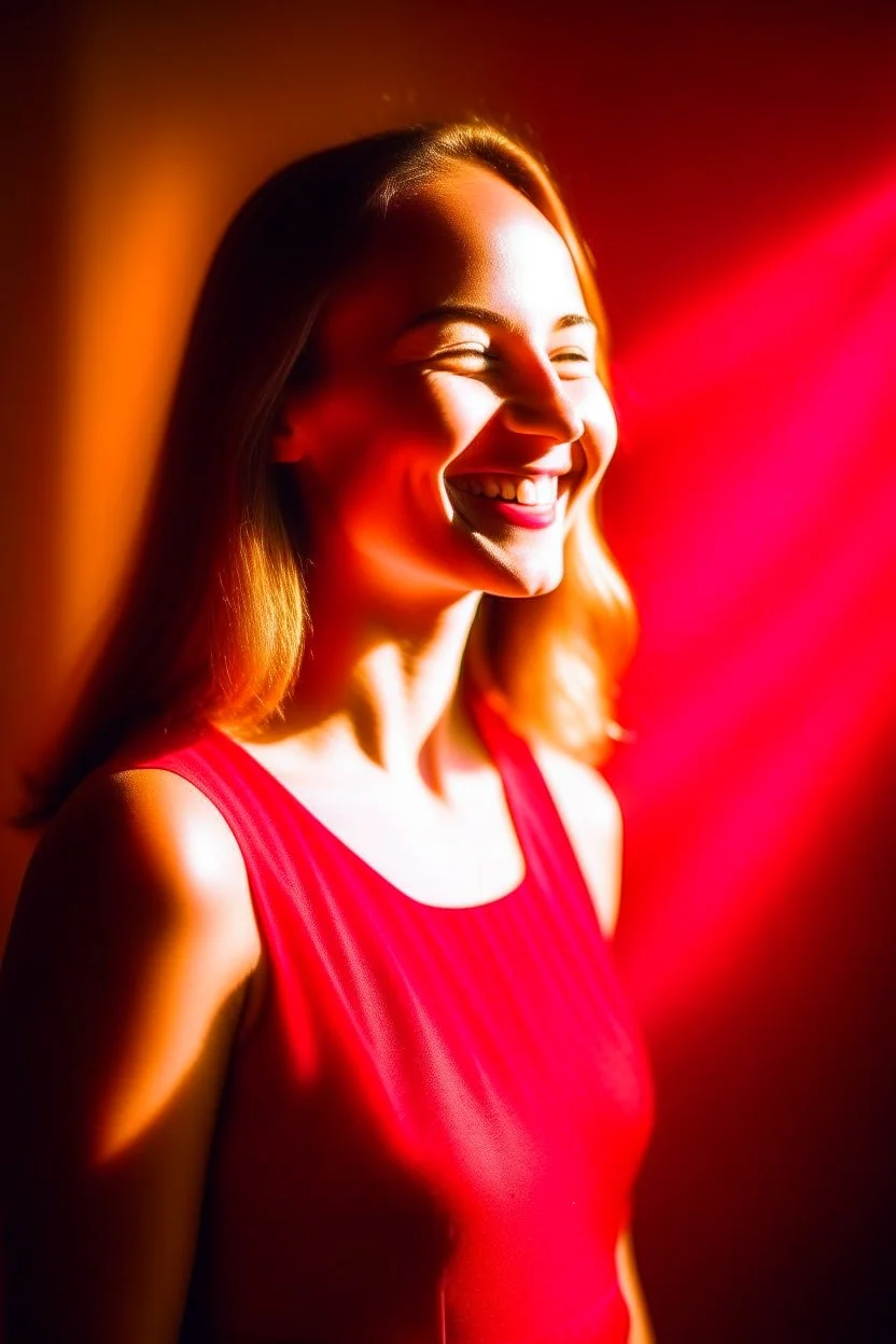 beautiful smiling portrait, rays of sunlight, abstract minimal, red dress