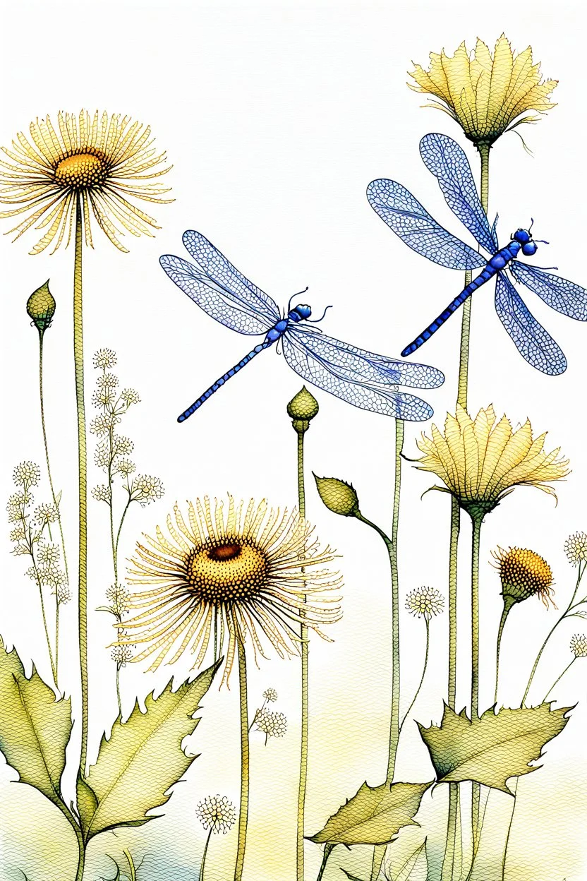 Dandelions, Water Hemlock, wild flowers and dragonflies stunning watercolor art by susan Winget, painted, in gold, blue and white tones with a sunflower --v 7 In style of Marjolien Bastin.