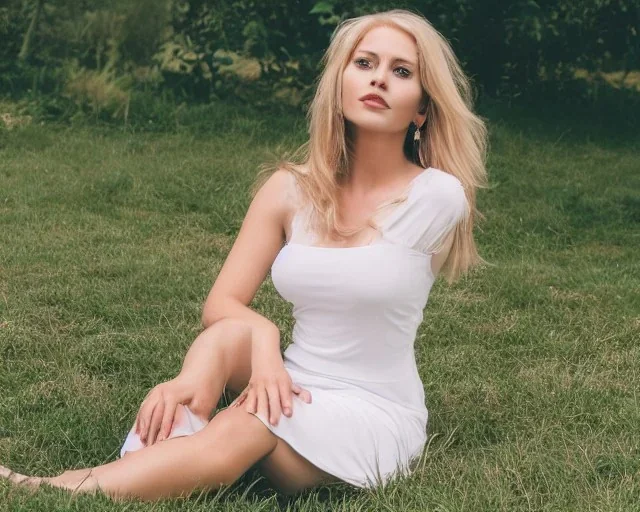 Portrait of stunning woman sitting on grass , with blonde hairs and slinky dress