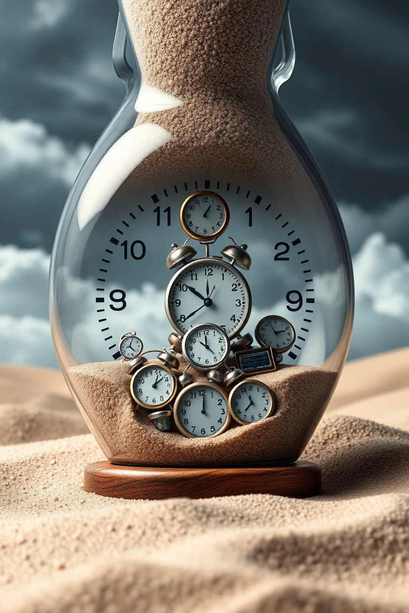 Sands clock with full of small tiny analog and digital alarm clocks inside , a background of cloudy stormy with the universe background look like time within time for eternity , great picture with high resolution and 4k quality