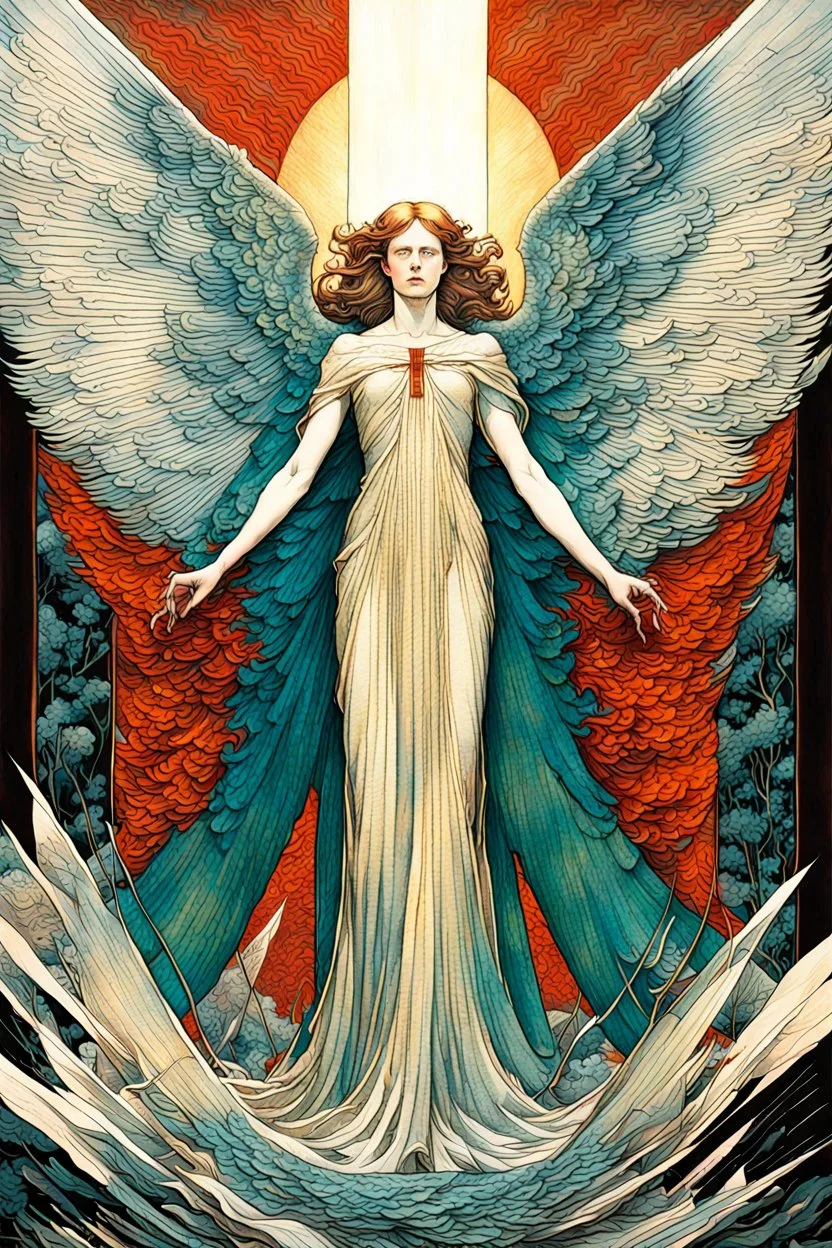 create a deeply evocative, ethereal, darkly magical horror illustration of an epic destroying angel with highly detailed and deeply cut facial features, large outstretched wings, body covered in feathers, in the style of EDWARD BURNE-JONES, WILLIAM MORRIS, and KATHE KOLLWITZ combined with the comic art style of BILL SIENKIEWICZ and JEAN GIRAUD MOEBIUS, searing lines and forceful strokes, precisely drawn, inked, and darkly colored