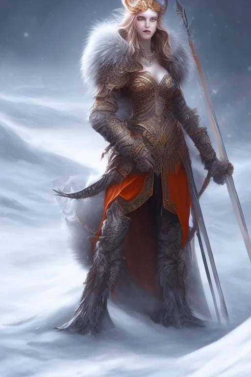 Beautiful warrior girl, wearing fantasy armor, glowing orange armor, snow mountain background, snow, fur cloak on back