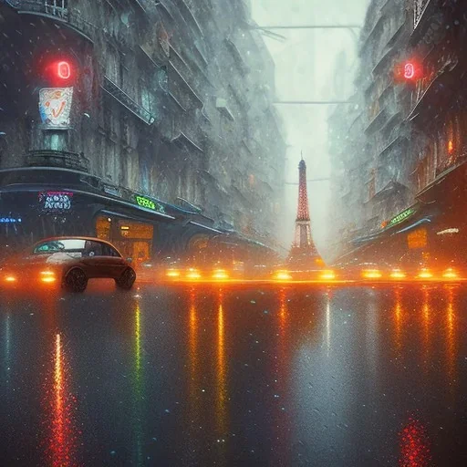 Cyberpunk street view in night, Paris, rain, ground reflection