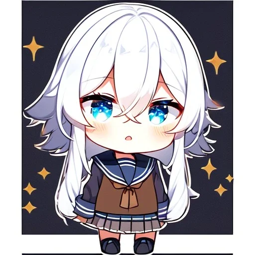 Clear focus, High resolution, long white hair, hair between eyes, straight long locks, sparkling blue eyes, wearing a sailor uniform, wearing a sailor skirt, wearing a brown vest, cute, 1girl, fluffy hair, cute, chibi, cartoon, rough line art, white background