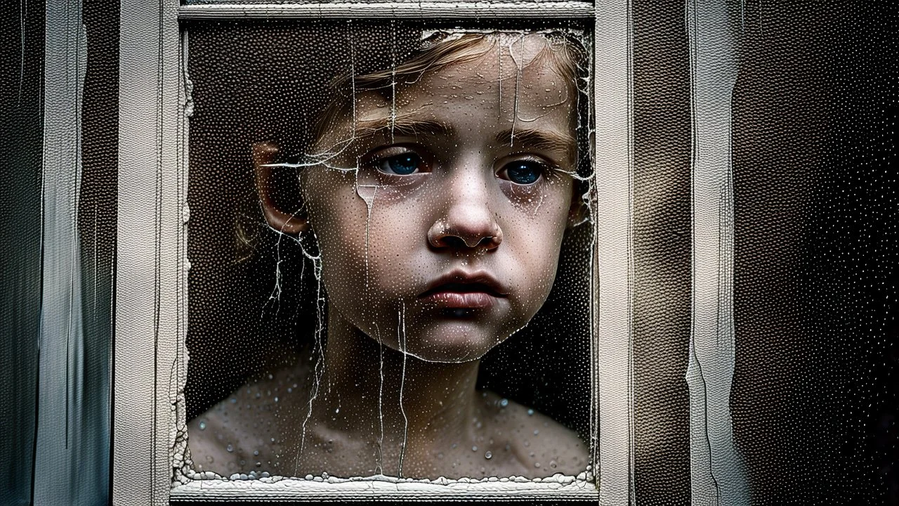 broken old window with cracks on with long cracks and shattered pieces scattered all over the scene. fog and rain and a very pale transparently blur baby face to see., An artistically form of a delicate and depressed face of a young girl formed entirely by natural moist areas, condensation, raindrops, and drip lines on a rain wet window pane. The artistic rendition emphasizes a minimalistic approach, with each facial detail—eyes, nose, mouth, eyebrowssurreal, sad, fog