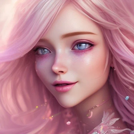 fairy, smiling, pink, blonde hair, beautiful, whole face, hyperrealism, masterpiece, expert, cinematic lighting, sharp focus, 8K, pastel, macro lens, woman, detailed, flower