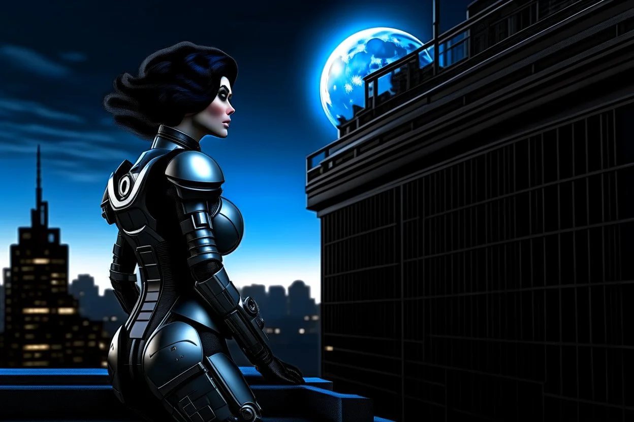 Fantasy Photo Of A Woman With Black Hair, Wearing A robot-looking suit, standing sideways On A Ledge of a building, With A waning moon Behind Her Head