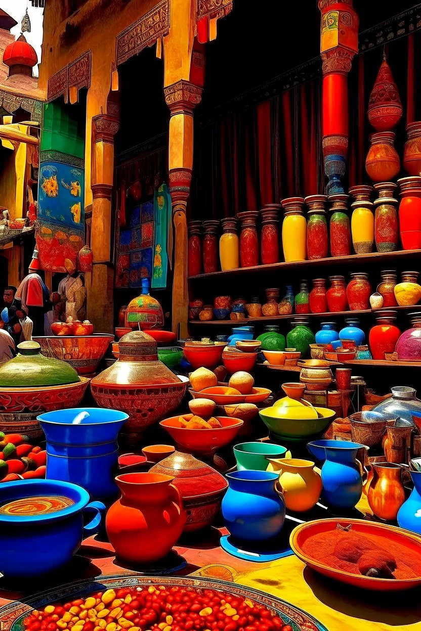 "Experience the rich and vibrant colors of a bustling Moroccan market as you sip on a steaming cup of Karak tea, infused with fragrant spices and served in a traditional glass."