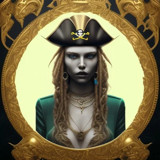 Portrait of pirate professional studio portrait photography of a young, pirate, goth, attractive, friendly, casual, delightful, intricate, gorgeous, female, piercing green eyes, wears a gold ankh necklace, femme fatale, nouveau, curated collection, annie leibovitz, nikon, award winning, breathtaking, groundbreaking, superb, outstanding, lensculture portrait awards, photoshopped, dramatic lighting, 8 k, hi res