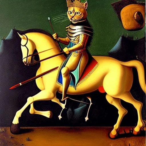 oil painting of a beautiful symmetrical cat with armor,wearing crown, Riding a pony, XV century, by El Bosco, Leonardo da Vinci, Goya 8k