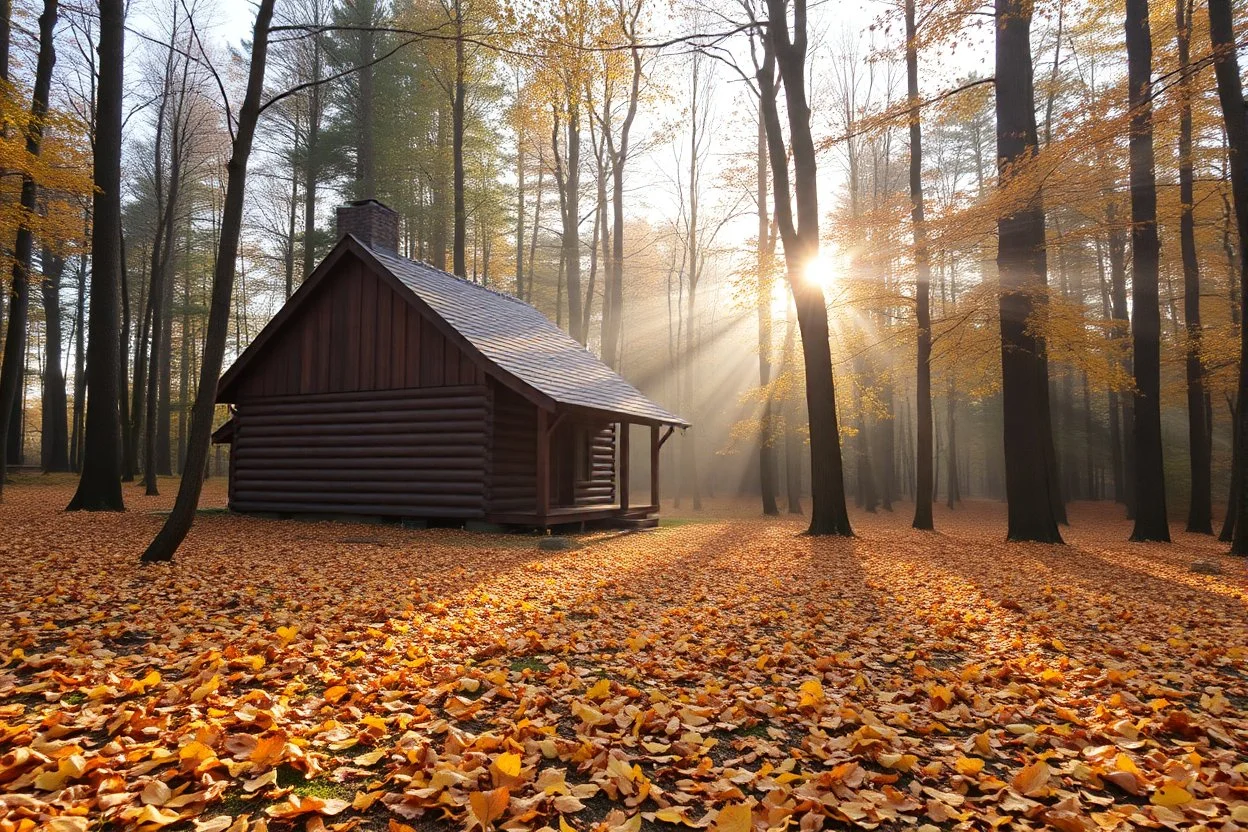 A wooden house in a forest in autumn, yellow orange leaves on ground, moist in air, early morning, sun streaks