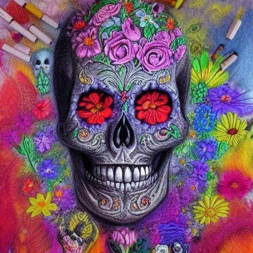 high-quality, fine-detail melted crayon drawing of realistic Day of the Dead skull sculpture with flowers, artwork, 8k, intricate, detailed, ornate, illustration, brian froud, howard lyon, george grie, ben goossens, anna dittman, jeffrey robert, don marco