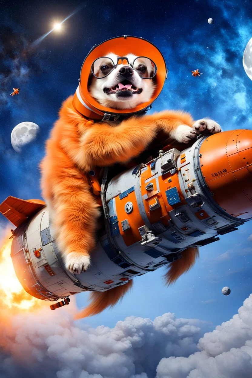 white and orange dog flies to the moon on top of the a rocket