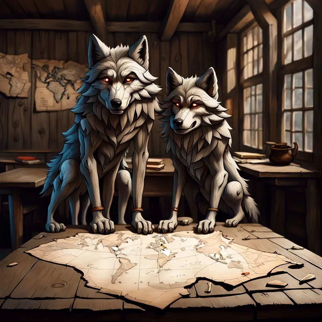 two anthropomorphic wolf stand around the old wooden table. They studying two map which features markings drawing are visible. one map lies down on big wooden table, one map holds his paws, older wolf a gnarled tree leans on a stick, in background the room's massive wooden walls, one little window, high realistic, detailed, cinematic mood