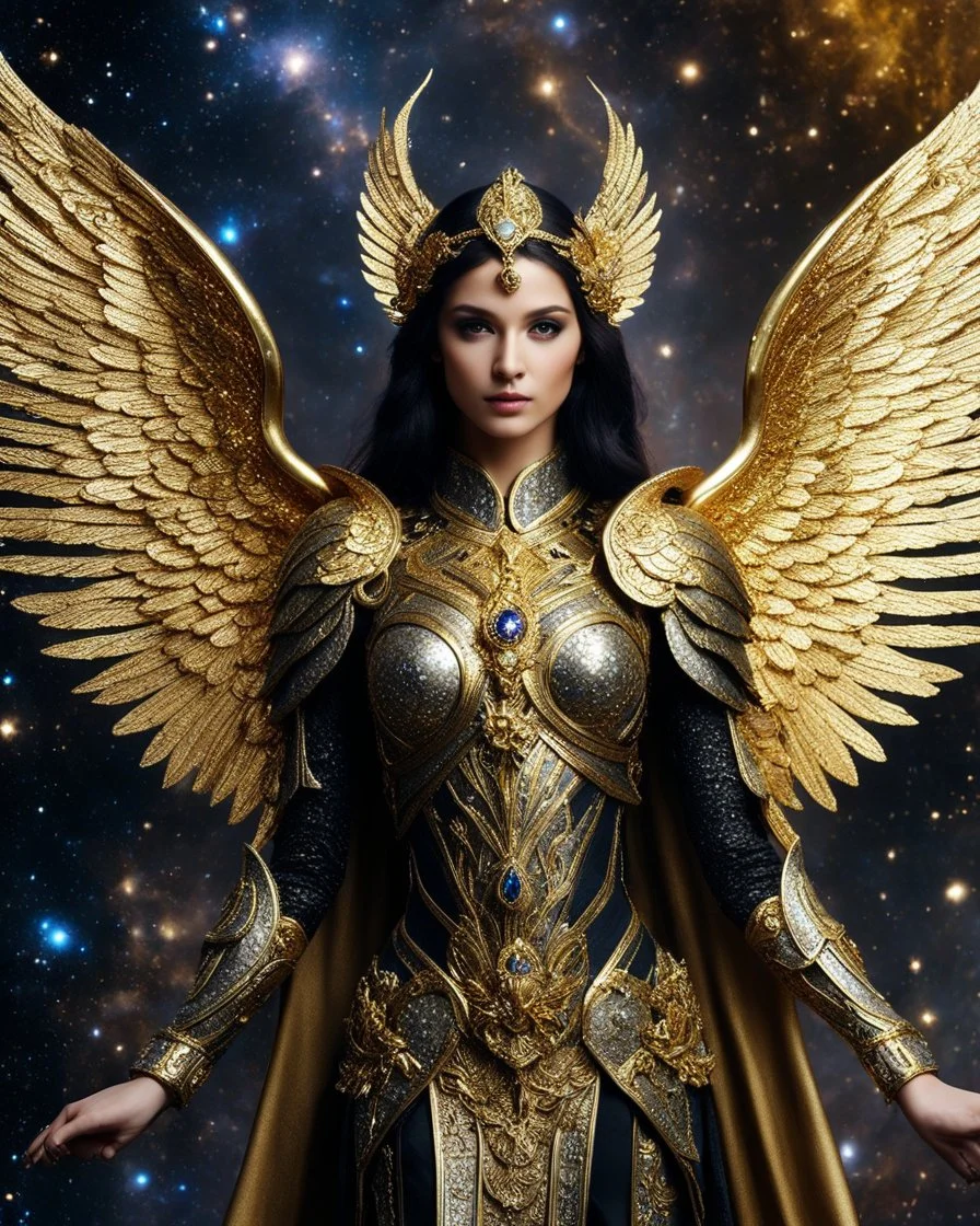 Photography A Length Super model Woman as Beautiful Archangel with wings made from metal craft,dressing luxurious golden and black color armor filigree fcombination fully crystals diamonds stone crystals,Cosmic Nebula Background